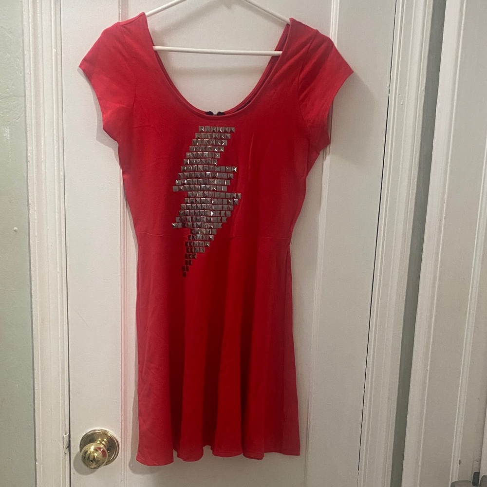 Material Girl Red Silver Studded Lightning Bolt Skater Dress Large Junior